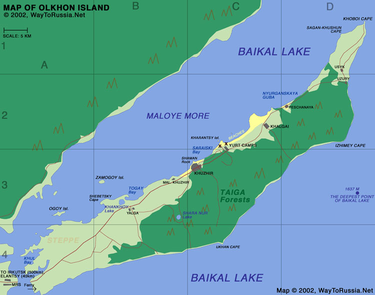 Map of Olkhon Island, Baikal Lake - Way to Russia Guide